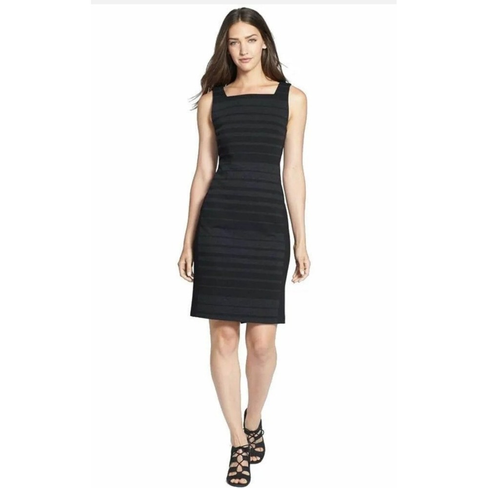 Eileen Fisher Sheath Dress Womens 2 Black Shadow Stripe Square Neck Quiet Luxury